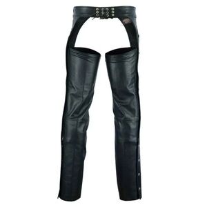 Mustang Black Leather Motorcycle Chaps with Snap Leg Closures